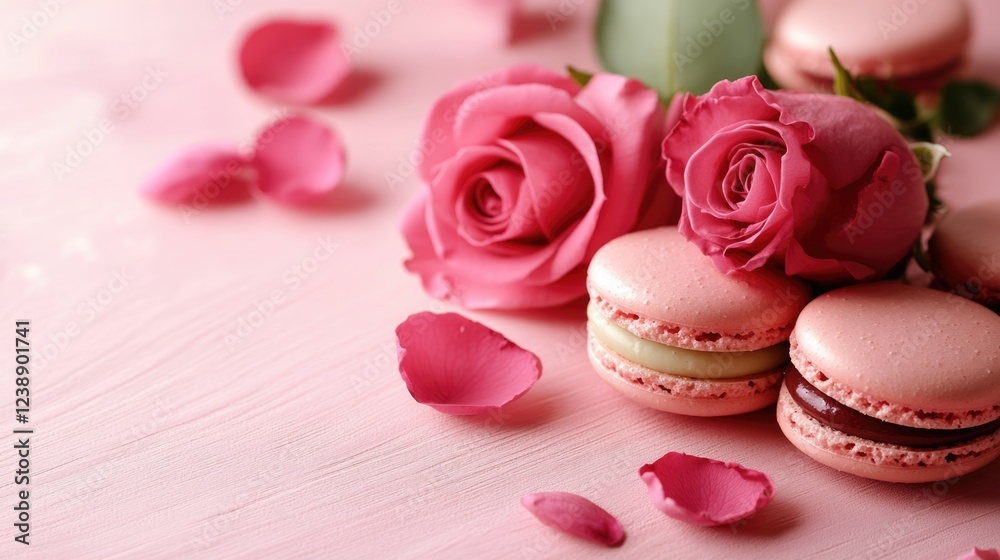 Pink roses and macarons on pastel pink background with petals scattered. Pink roses and macarons on pastel pink background with petals scattered.