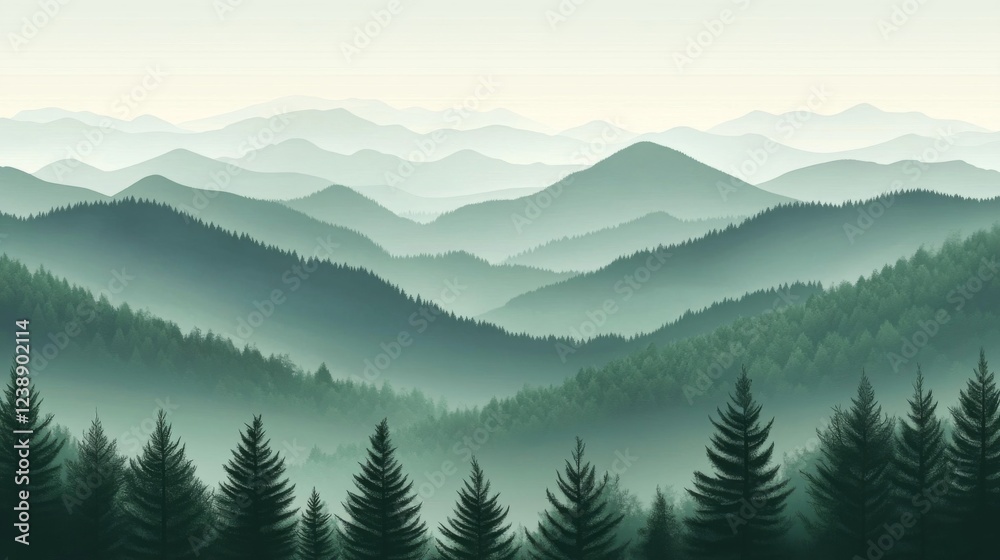 Obraz premium Misty Green Mountains and Forest Panorama