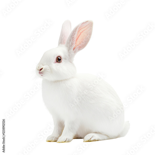 A fluffy white rabbit sitting gracefully, showcasing its soft fur and expressive ears.