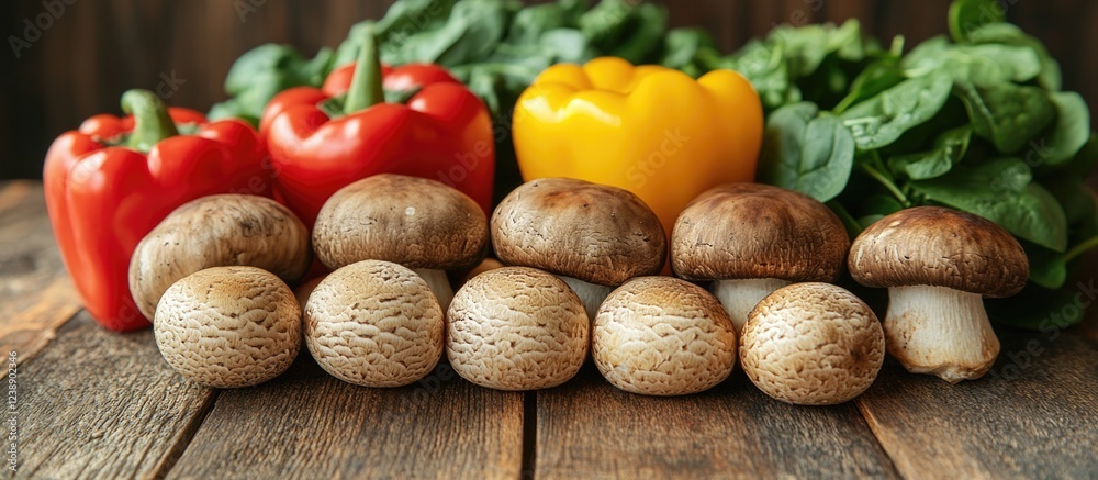 Fresh vegetables on rustic wooden table including mushrooms, bell peppers, and leafy greens Fresh vegetables on rustic wooden table including mushrooms, bell peppers, and leafy greens