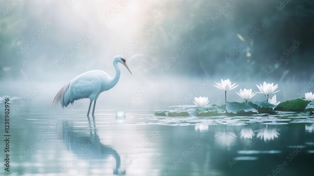 Fototapeta premium majestic white crane wading through misty morning waters, reflecting in crystal-clear lake while protecting a luminous pearl-like egg, surrounded by dewdrops and water lilies