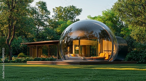 Futuristic dome home in forest, sunset, luxury living
