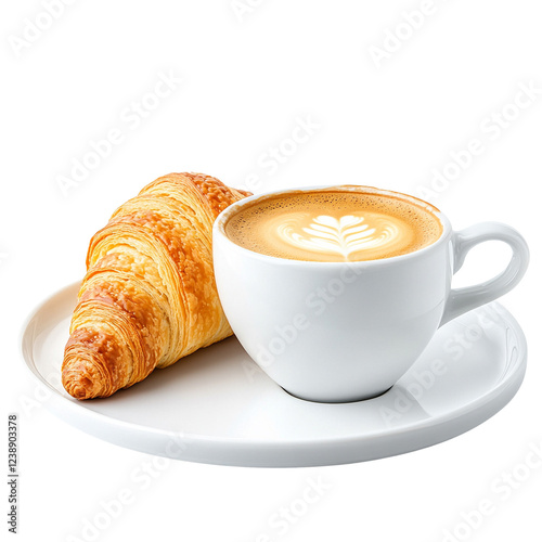 Warm croissant with latte coffee on a plate.
