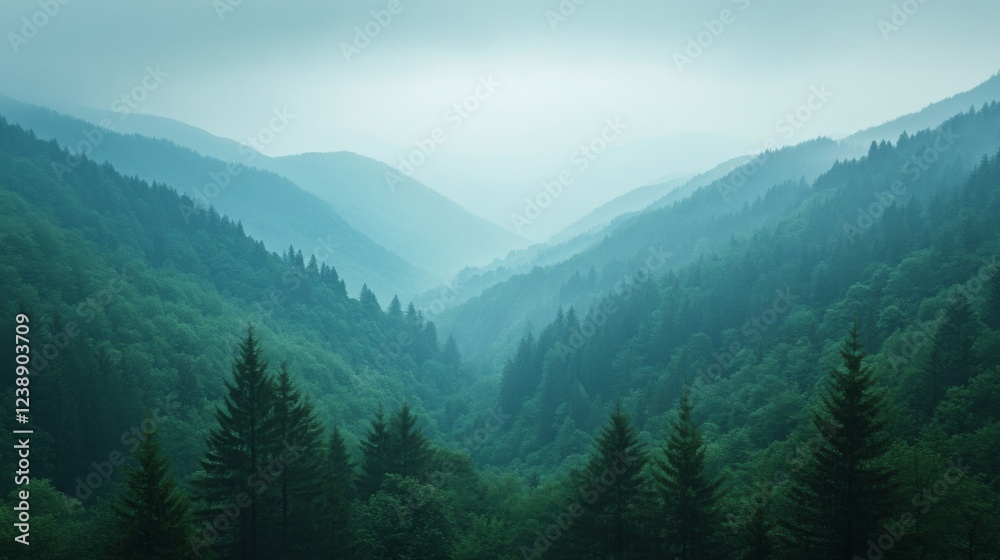 Fototapeta premium Misty Blue Mountains and Green Forest Valley Landscape