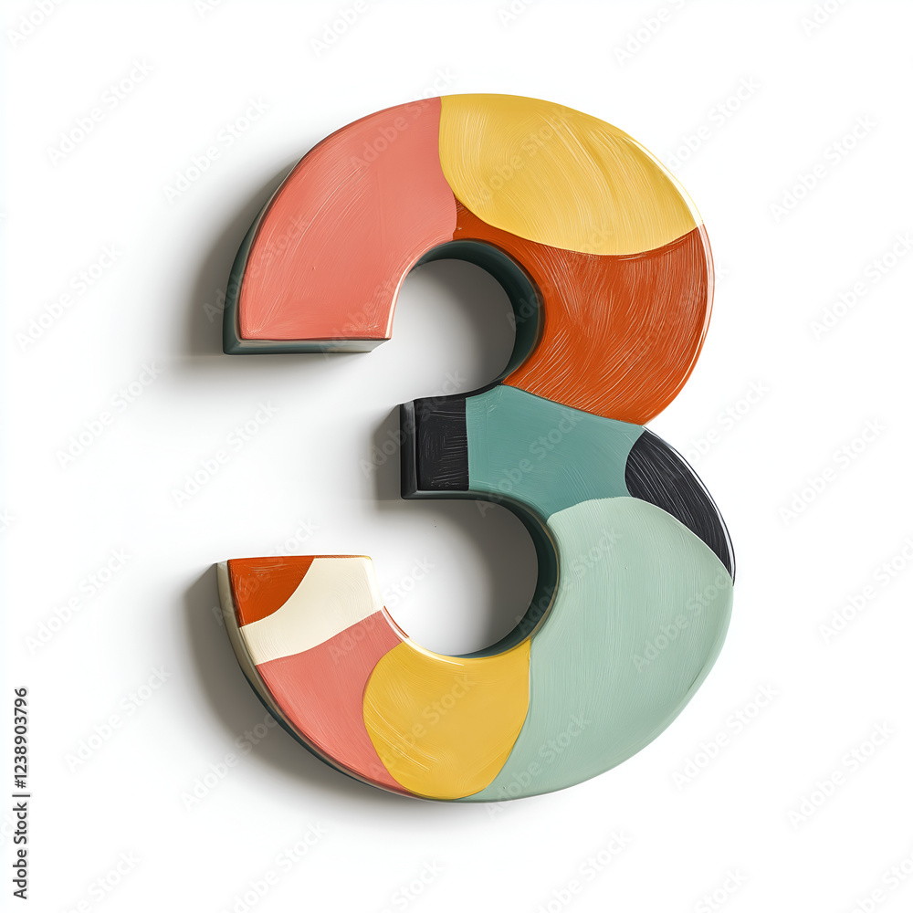 A colorful, artistic representation of the number three, featuring various shapes and tones that create a vibrant design.