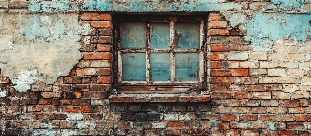 Fototapeta premium Aged brick wall with weathered window in historic building facade.