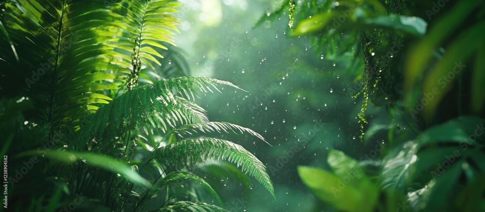 Fototapeta premium Lush Green Jungle Foliage with Sunlight Filtering Through Leaves and Rain Droplets in Tropical Forest Scene
