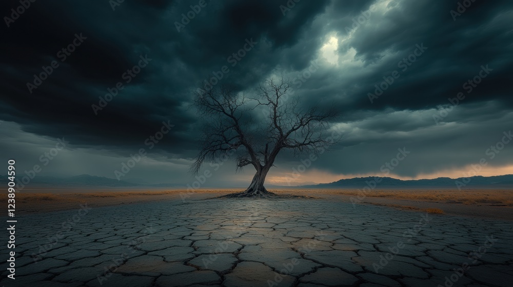 Fototapeta premium A Lonely Tree's Struggle Against the Harsh Reality of Drought and Barren Landscapes Amidst Environmental Crisis