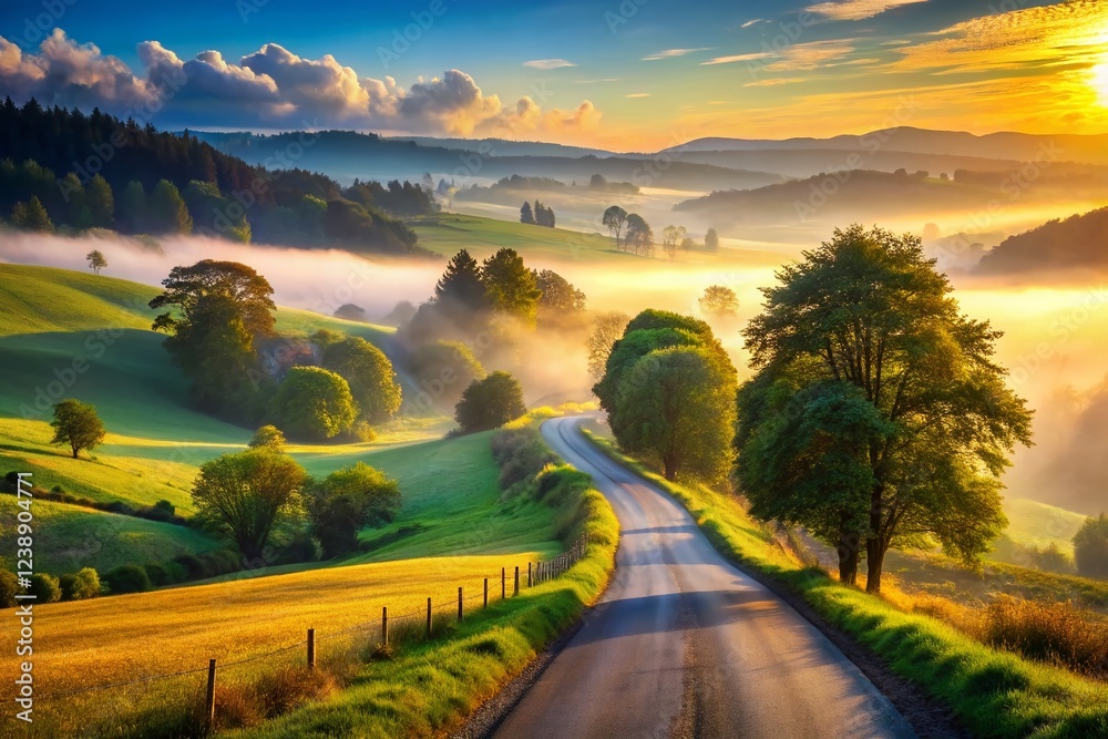 Fototapeta premium Golden Hour Glow on Countryside Road Enveloped in Misty Serenity