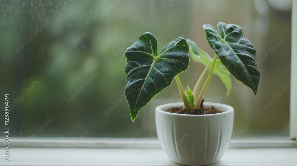 Potted green plant with broad leaves in white pot on windowsill Potted green plant with broad leaves in white pot on windowsill