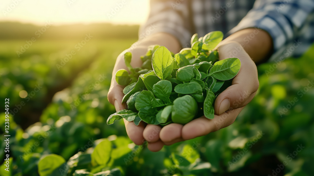 Freshly picked greens held in hands, showcasing nature bounty in sunlight Freshly picked greens held in hands, showcasing nature bounty in sunlight