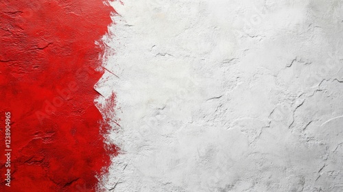 Red and white textured abstract background with painted divisions and plaster texture on uneven surface