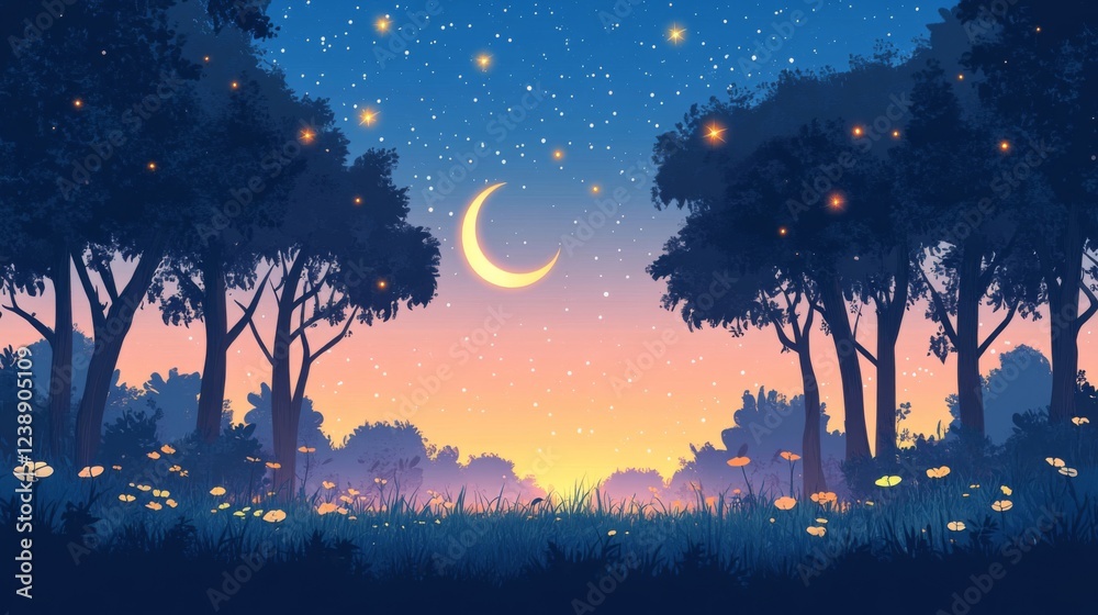 Naklejka premium Pixel Art Night Forest Scene with Crescent Moon and Fireflies
