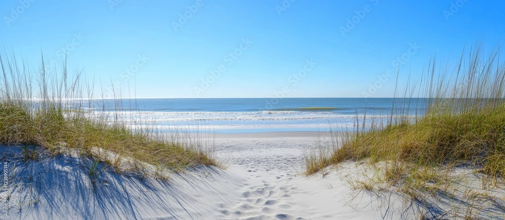 Pathway through sand dunes leading to sunny beach with clear blue sky and ocean. Pathway through sand dunes leading to sunny beach with clear blue sky and ocean.
