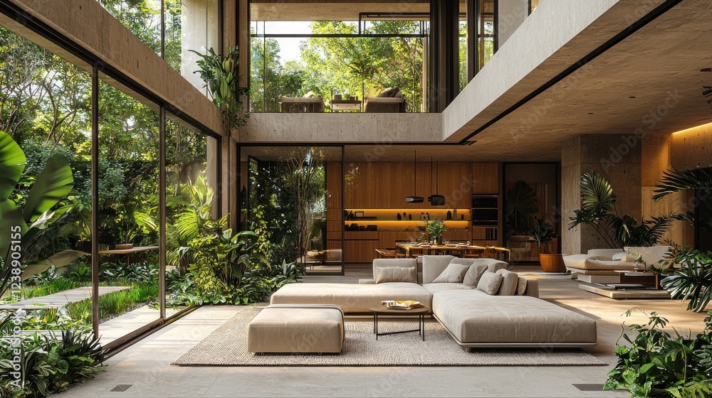 Fototapeta premium Modern Tropical Home Interior Design Featuring Lush Greenery