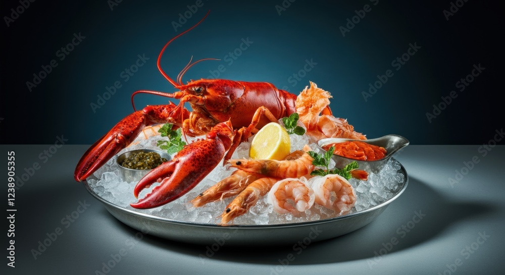 Seafood platter with lobster, shrimp, and ice garnish Seafood platter with lobster, shrimp, and ice garnish