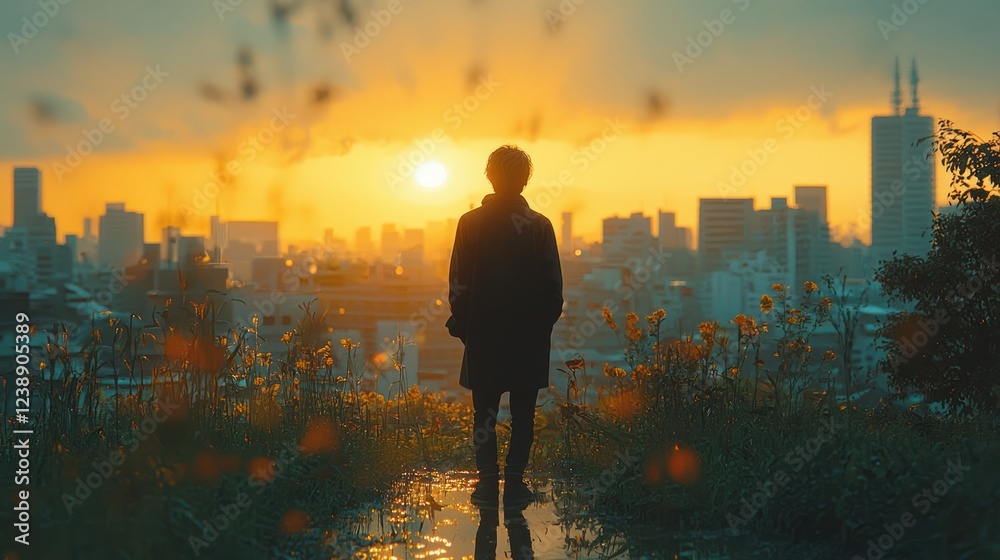 Silhouette of Person Against Vibrant Sunset in Cityscape Background Silhouette of Person Against Vibrant Sunset in Cityscape Background