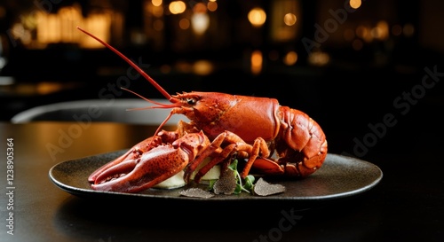 Gourmet lobster dish with fresh herbs and truffles on black plate in elegant setting photo