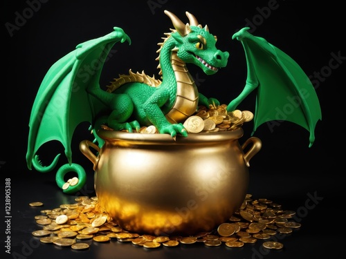  A whimsical dragon guards its treasure trove of golden coins photo