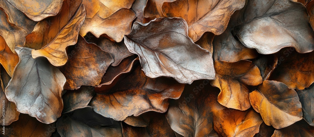 Close-up of dried autumn leaves with shades of orange and brown overlapping in natural pattern