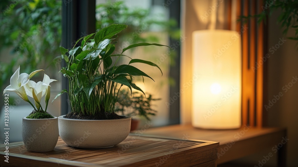 Peaceful indoor scene with houseplants and ambient lighting Peaceful indoor scene with houseplants and ambient lighting