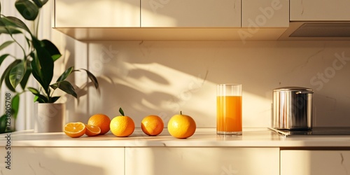 Bright sunlight fills a cozy kitchen where a juicer sits beside fresh oranges. Sliced fruit and a glass of juice are arranged on a wooden table
