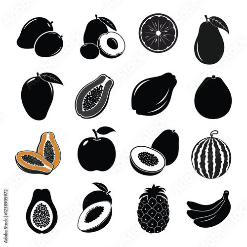 Many kinds of Fruits icons set silhouettes with white background