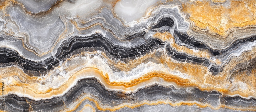 Fototapeta premium Natural marble texture with gray, black, and golden veins in abstract pattern.