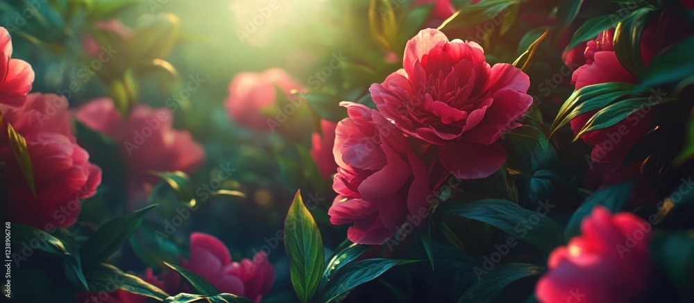 Obraz premium Pink Peonies in Sunlit Garden with Green Foliage and Soft Focus Blossoms
