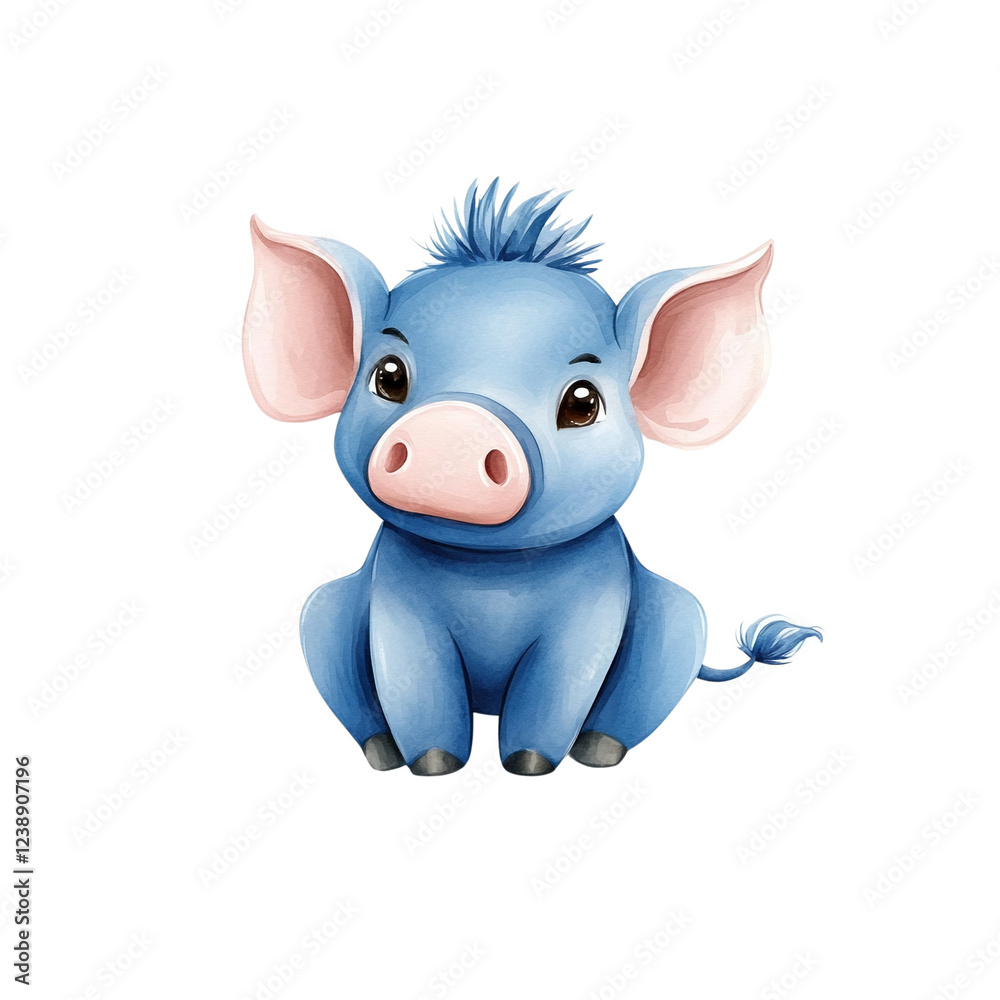 Fototapeta premium A cute blue cartoon piglet with large ears and a happy expression.