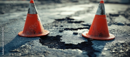 Two traffic cones placed on cracked asphalt road surface photo