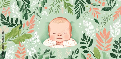 A calm baby dozes under the moonlight, enveloped by a bed of flowers photo