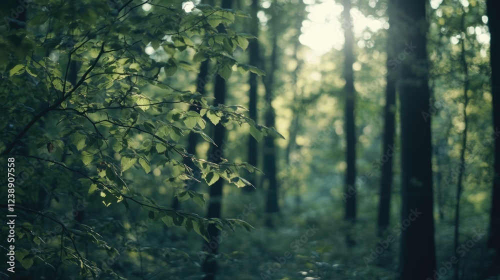 Fototapeta premium Sunlit Forest with Green Foliage and Tall Trees in Early Morning Light