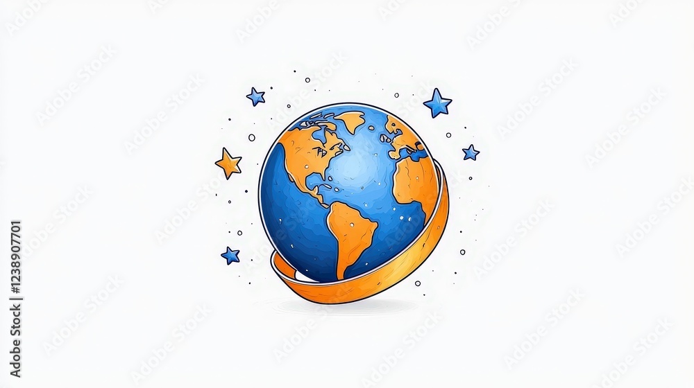 Naklejka premium Colorful Cartoon Earth with Orange Ribbon and Stars for Global Themes and Creative Designs