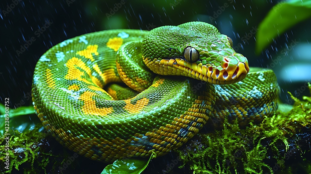 Emerald tree boa rainforest rain coiled reptile wildlife