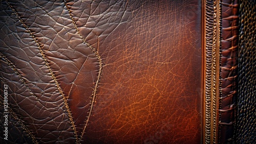 Close-up of an old leather-bound book spine, showcasing the intricate stitching, worn edges, and rich patina of the leather, with small creases and textures from use