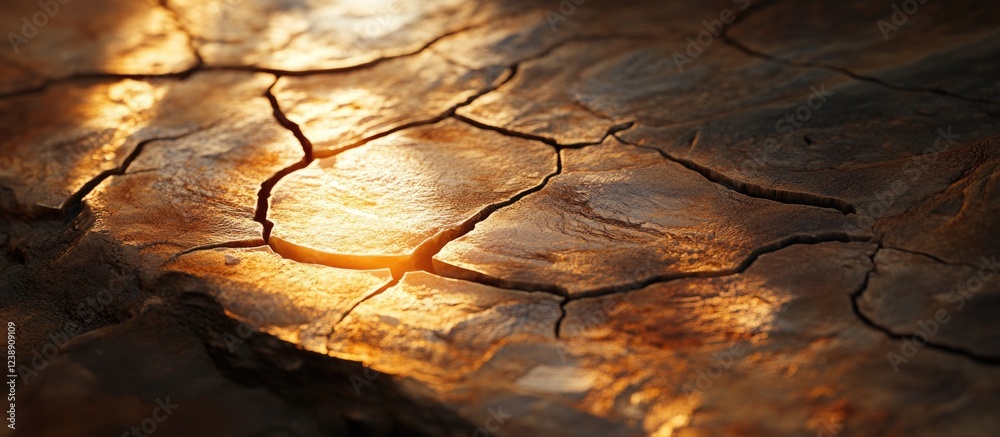 Close-up of cracked dry soil with warm sunlight reflections and texture details Close-up of cracked dry soil with warm sunlight reflections and texture details