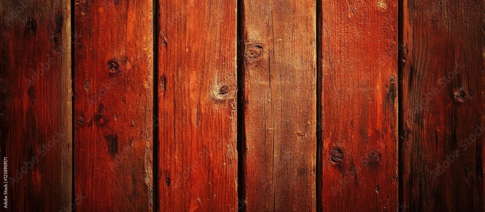 Fototapeta premium Close-up of Weathered Wooden Planks with Red Tint and Visible Knots