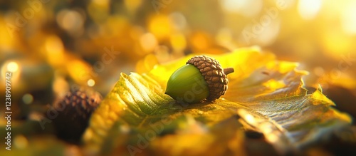 Acorn on autumn leaves with sunlight in forest setting