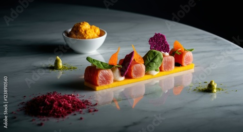 Gourmet sushi platter with artful presentation on marble surface photo