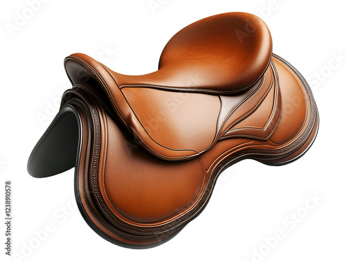 Luxurious brown leather horse saddle isolated on transparent background, PNG, cut out,  showcasing its elegant design and superior craftsmanship photo