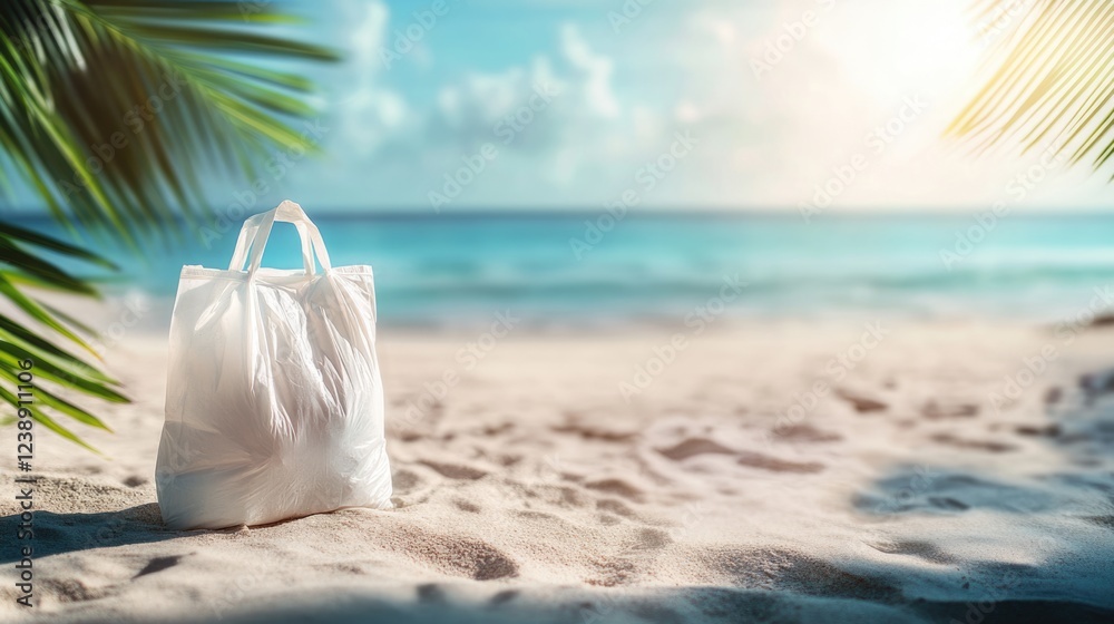 Plastic bag on tropical sandy beach with ocean waves and palm leaves in the background, environmental concept Plastic bag on tropical sandy beach with ocean waves and palm leaves in the background, environmental concept