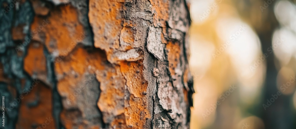 Close-up of rough tree bark texture with natural orange hues in soft sunlight with blurred background. Close-up of rough tree bark texture with natural orange hues in soft sunlight with blurred background.