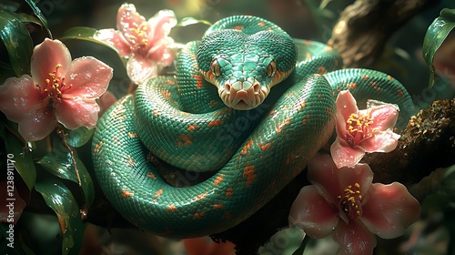 Emerald tree boa coiled, rainforest flowers, digital art, nature poster