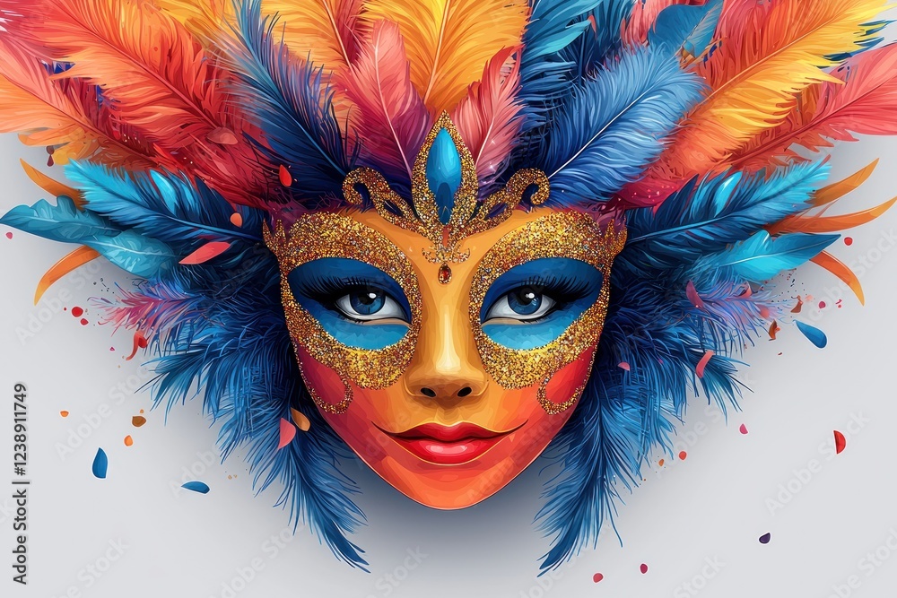Extravagant carnival mask with intricate gold details, vibrant feathers, and a festive splatter background in a colorful celebration theme Generative AI Extravagant carnival mask with intricate gold details, vibrant feathers, and a festive splatter background in a colorful celebration theme Generative AI