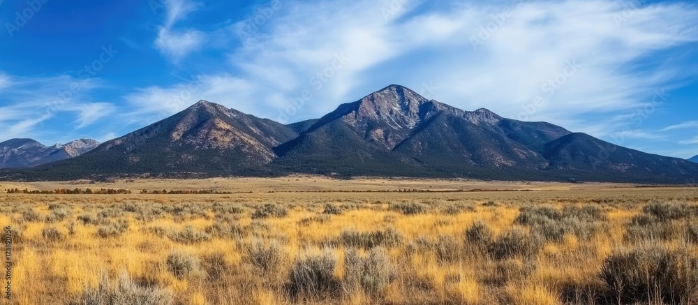 Fototapeta premium Mountain Range with Blue Sky and Grassland in Foreground