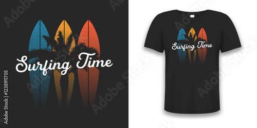 Surfing t-shirt design with color surfboards, palm tree and slogan - surfing time. Typography graphics for surf tee shirt. Vector.