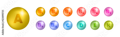 Vitamins icon set. Multivitamin complex icons. Multi Vitamin supplement. Colored signs of vitamins - A, B1, B2, B3, B5, B6, B7, B9, B12 and C, D, E and K. Vector.