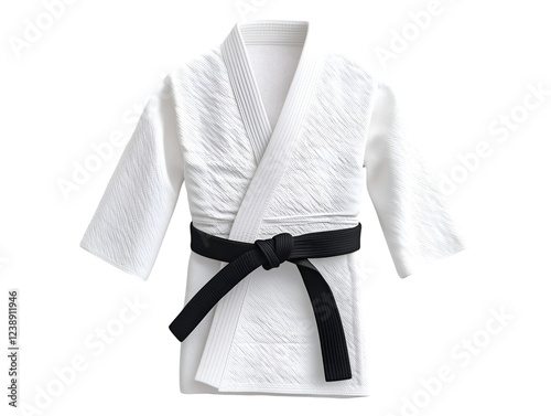Karate Gi with black belt, isolated on transparent background, PNG, cut out.  A symbol of martial arts discipline 