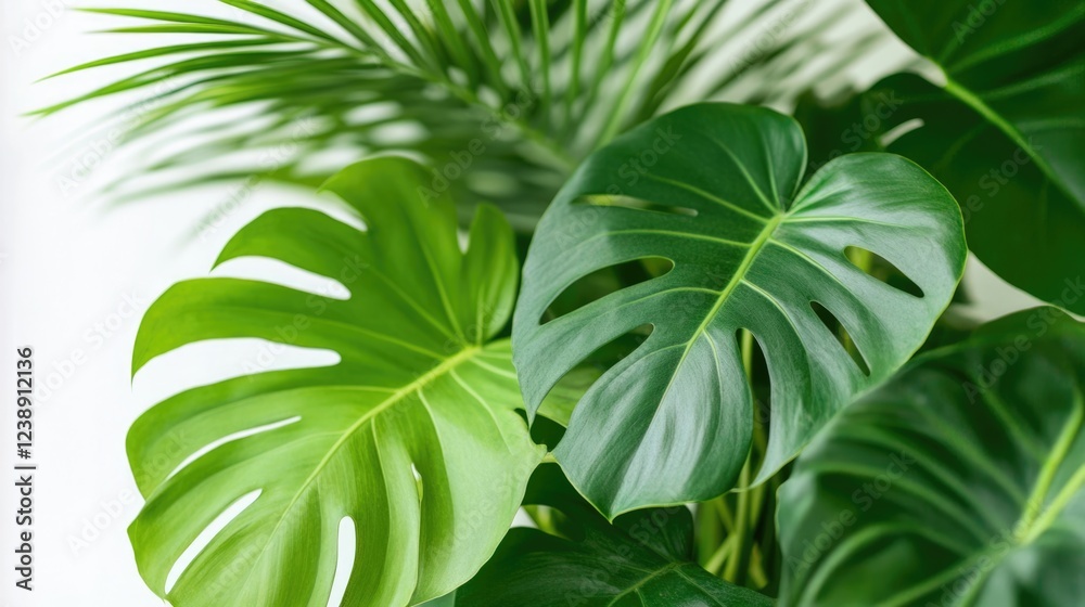 Fototapeta premium Close-up of Green Monstera and Palm Leaves with Soft Focus Background